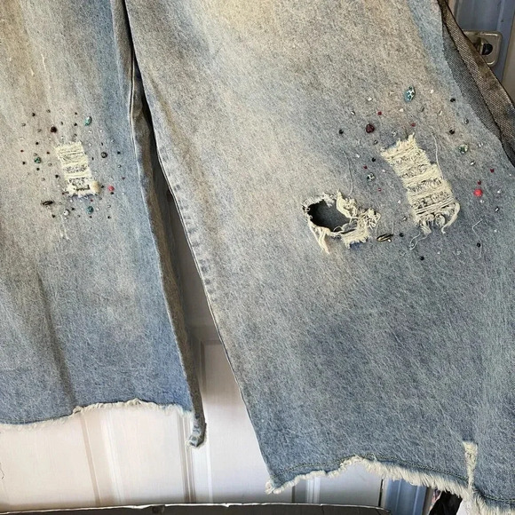 Vtg 90s Jeans Fairy Goth Destress Wide Leg High Rise Women’s S Korea Design Blue - Picture 12 of 13